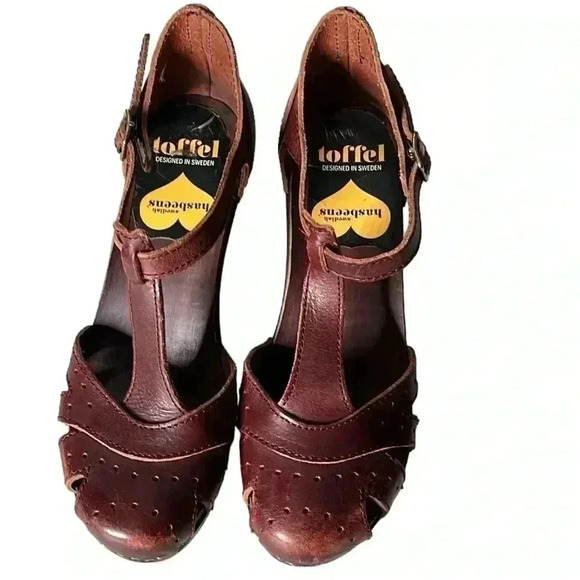 SWEEDISH HASBEENS TOFFEL T-strap High Clogs Slingbacks Leather Brown Heel Size 6 - Picture 4 of 8